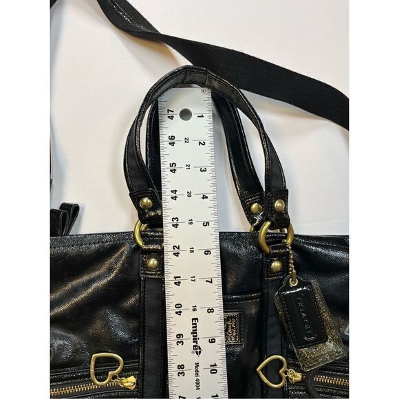 Vintage Coach Black Patent Leather Poppy Daisy Liquid Glass Heart Zipper Bag EUC - Picture 12 of 15